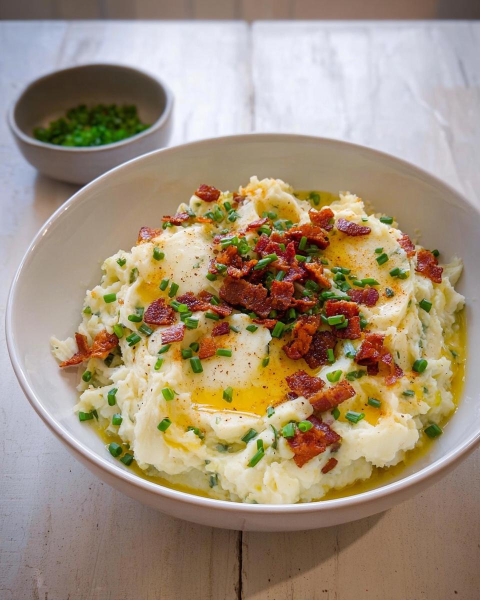 A bowl of creamy mashed potatoes topped with crispy bacon bits, fresh chives, and melted butter. One of 10 Genius Mashed Potatoes Recipes.