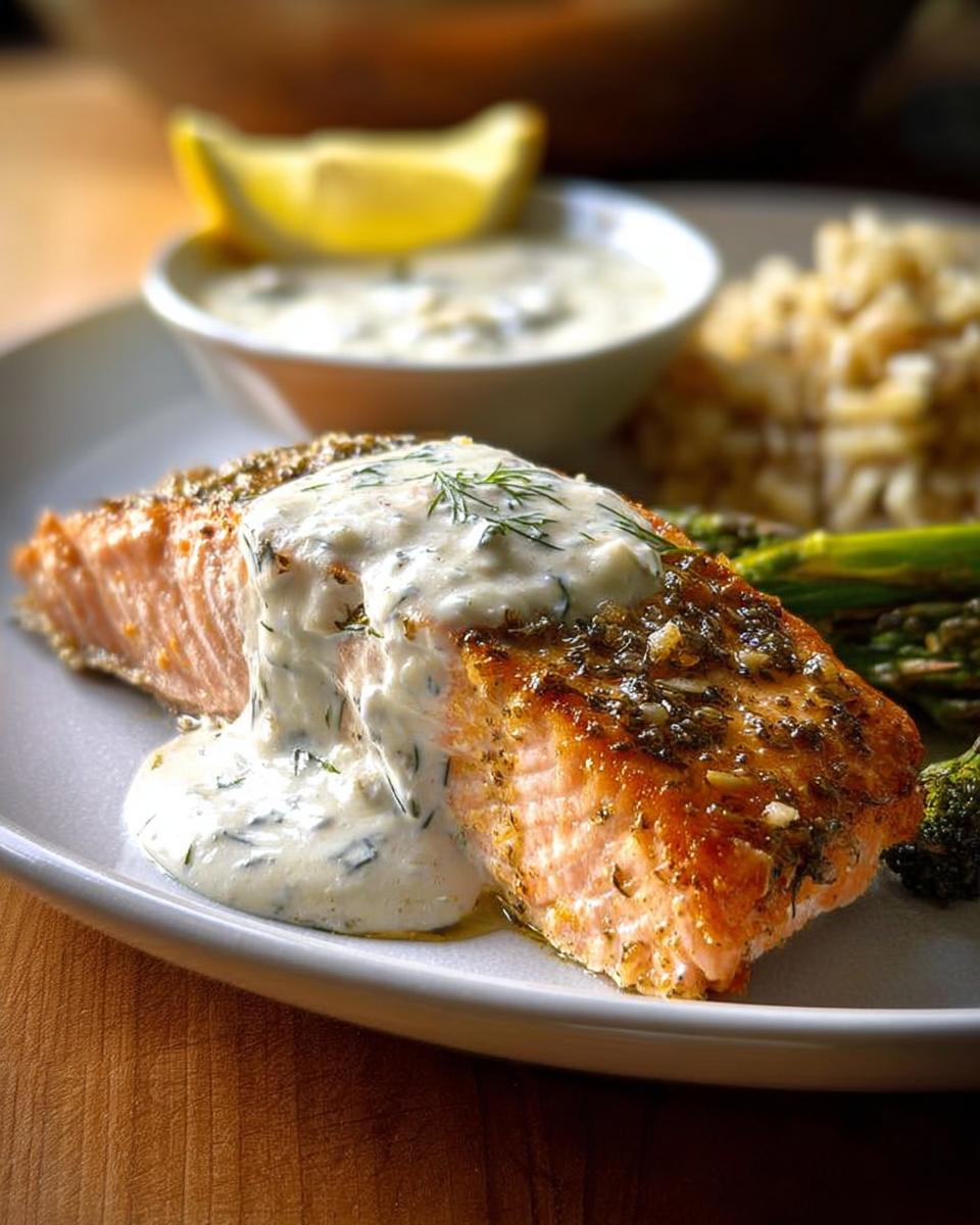 A perfectly cooked salmon fillet topped with creamy dill sauce, served with asparagus and rice. One of 20 Genius Salmon Recipes.