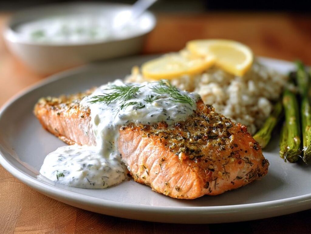 A perfectly cooked salmon fillet topped with creamy dill sauce, served with rice and asparagus. One of 20 Genius Salmon Recipes.