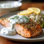A perfectly cooked salmon fillet topped with creamy dill sauce, served with rice and asparagus. One of 20 Genius Salmon Recipes.