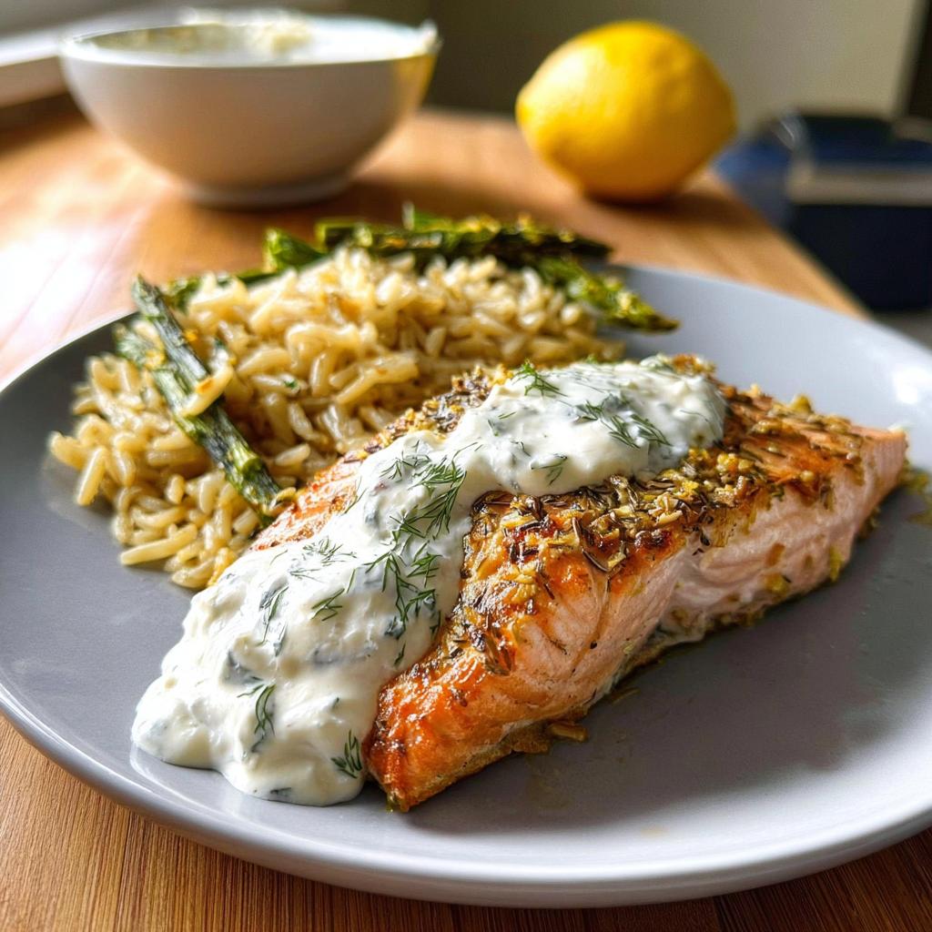 A perfectly cooked salmon fillet topped with creamy dill sauce, served with orzo pasta and asparagus. A genius salmon recipe for busy weeknights.