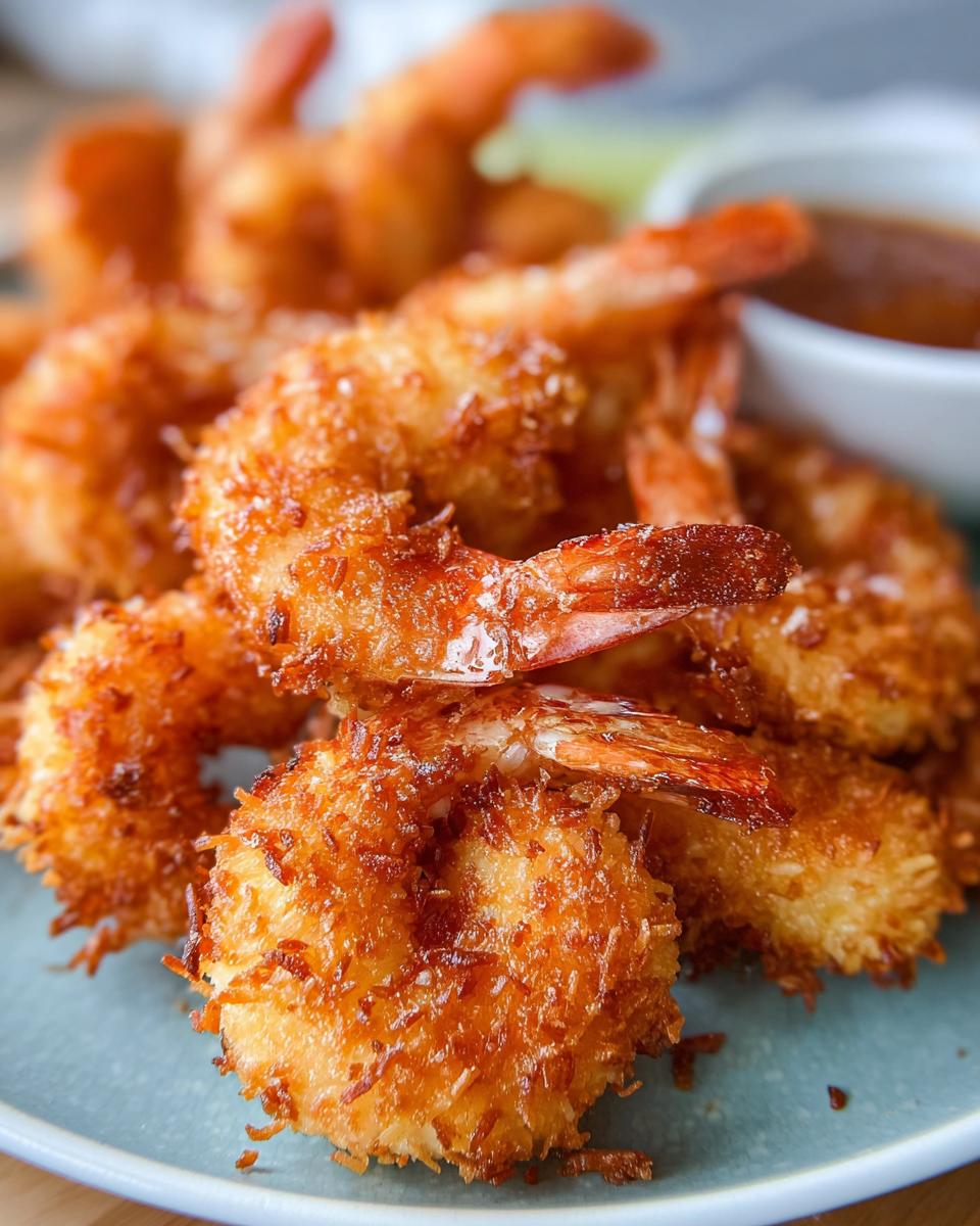 Close-up of crispy coconut shrimp served on a blue plate with a side of dipping sauce, part of 7 Genius Shrimp Recipes.