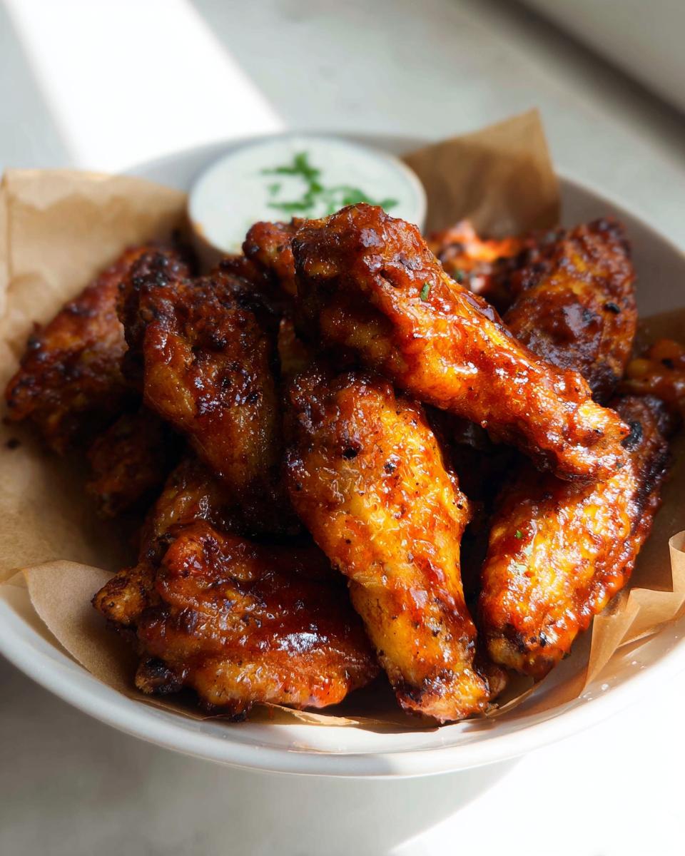 A bowl of glossy, glazed chicken wings served with a side of dipping sauce, perfect for quick chicken wings recipes.