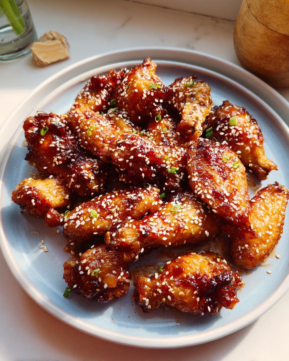 A plate of glossy, glazed chicken wings topped with sesame seeds and green onions, perfect for meal prep.