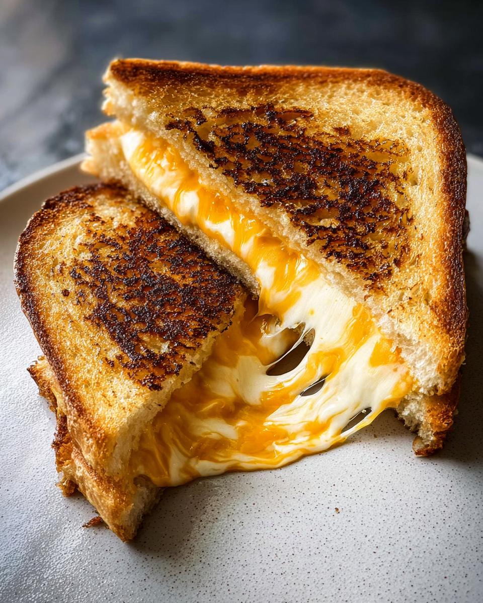 A perfectly grilled cheese sandwich, cut in half, with gooey, melted cheese stretching out.