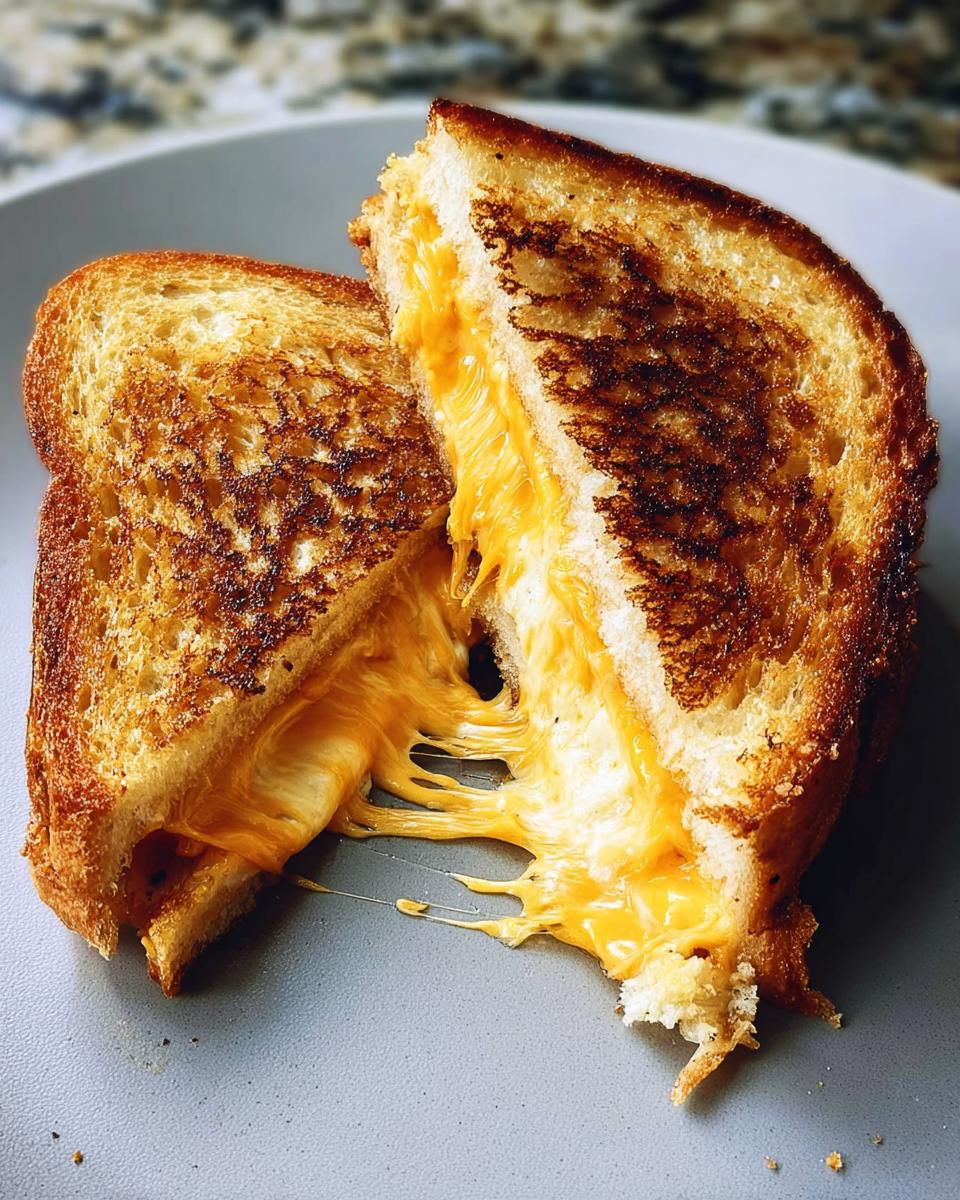A perfectly grilled cheese sandwich, cut in half, with gooey melted cheese stretching out.
