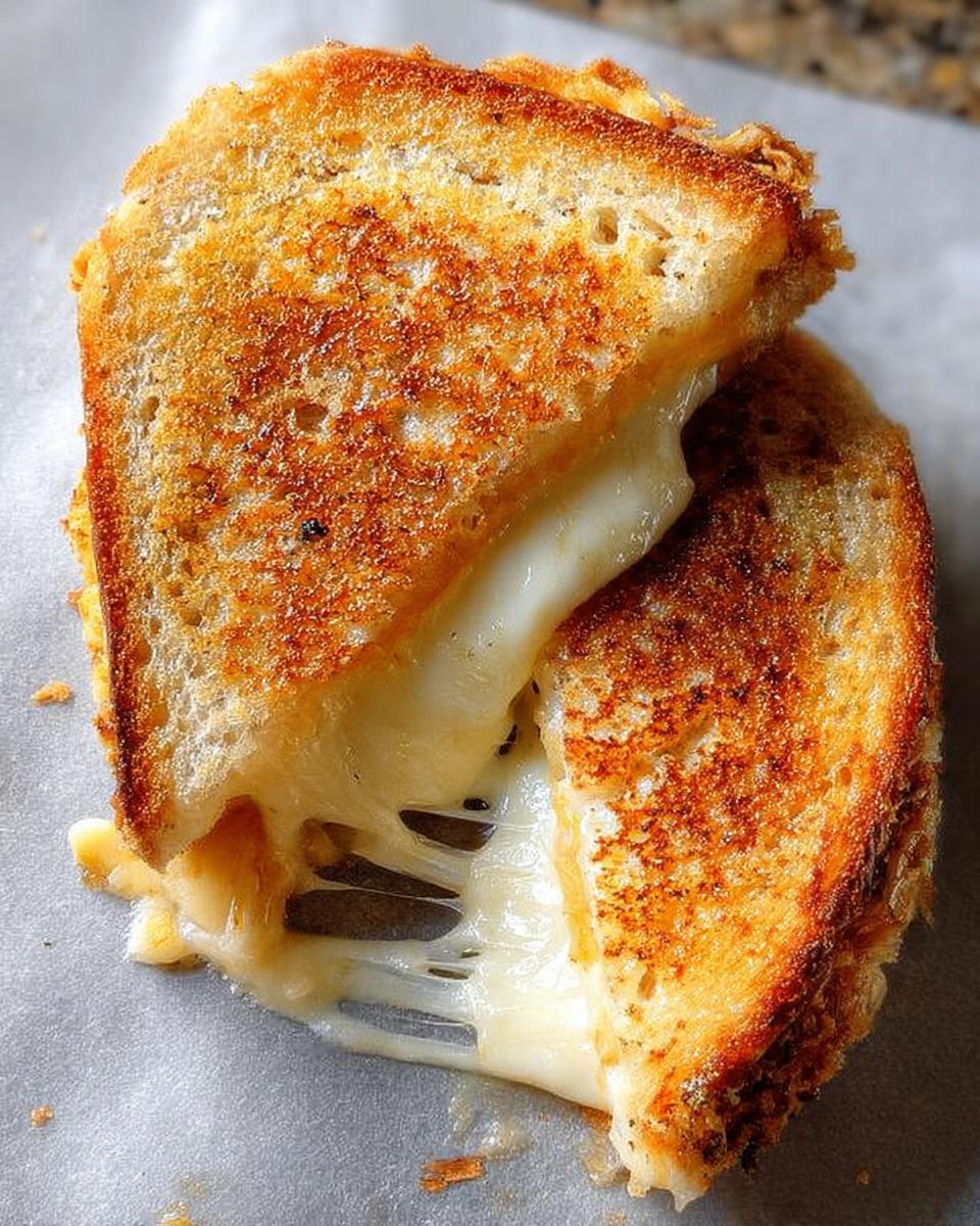 A perfectly golden brown grilled cheese sandwich with melted cheese oozing out.