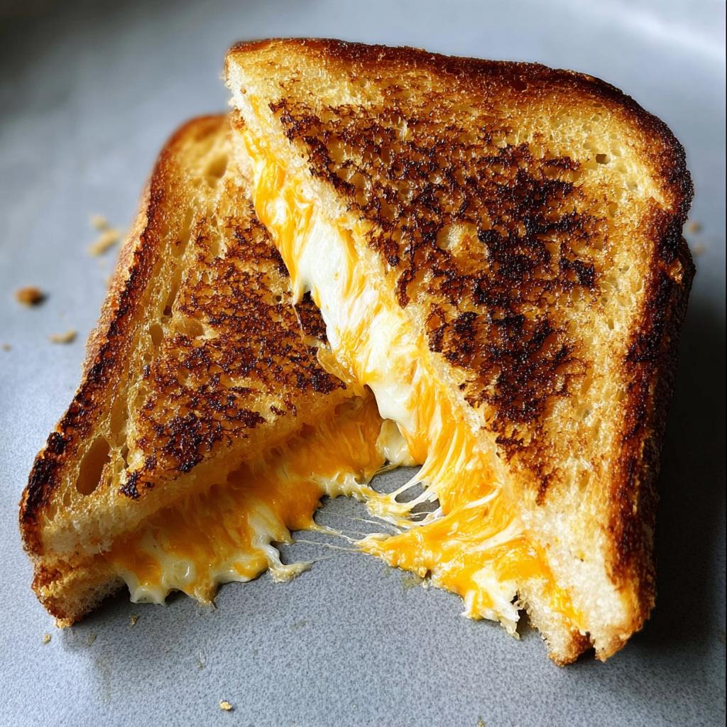 A perfectly grilled cheese sandwich, cut in half, with melted cheese oozing out.