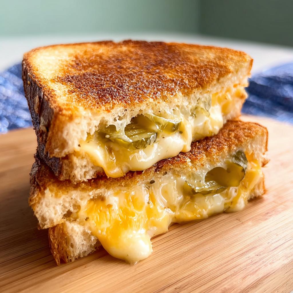 A close-up of a grilled cheese sandwich stacked, with melted cheese and pickle slices oozing out.