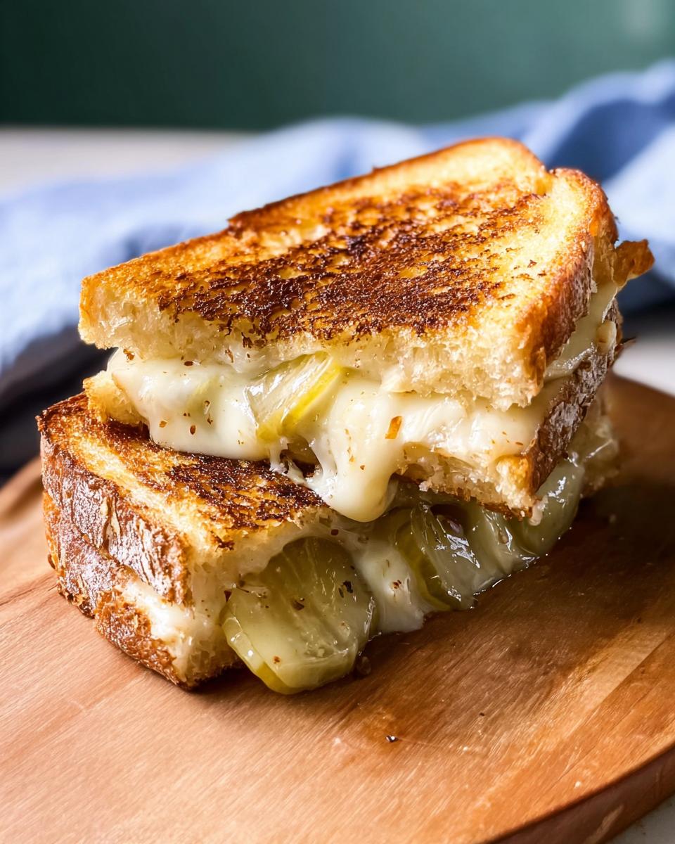 A close-up of a grilled cheese sandwich with melted cheese and pickles, perfect for busy weeknights.