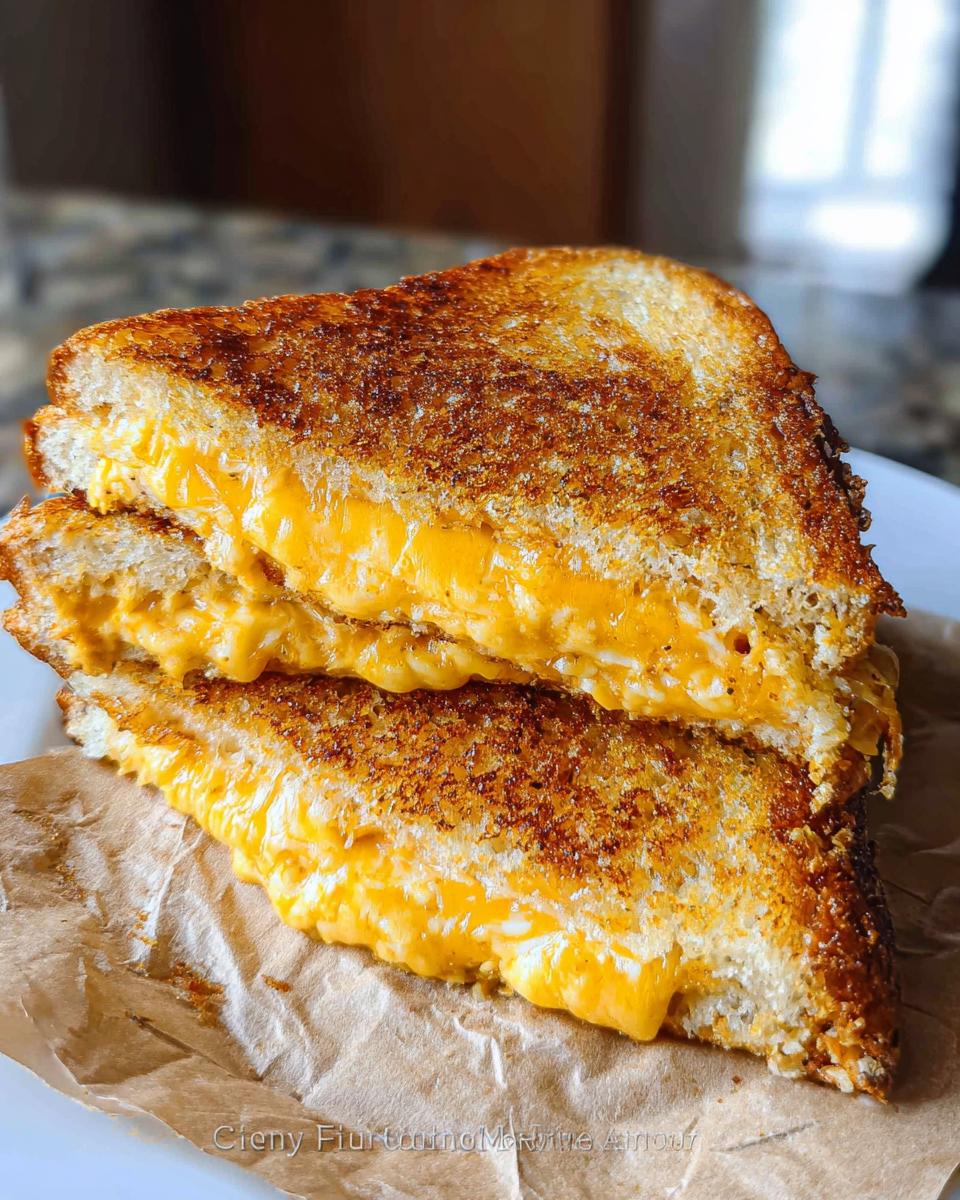 A close-up of a perfectly golden-brown grilled cheese sandwich, cut in half and stacked, with gooey melted cheese oozing out.