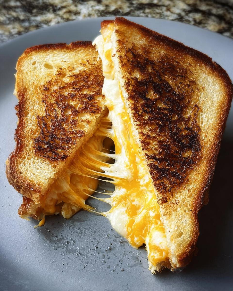 A perfectly grilled cheese sandwich, cut in half, with a dramatic cheese pull showcasing melted cheddar and white cheese.