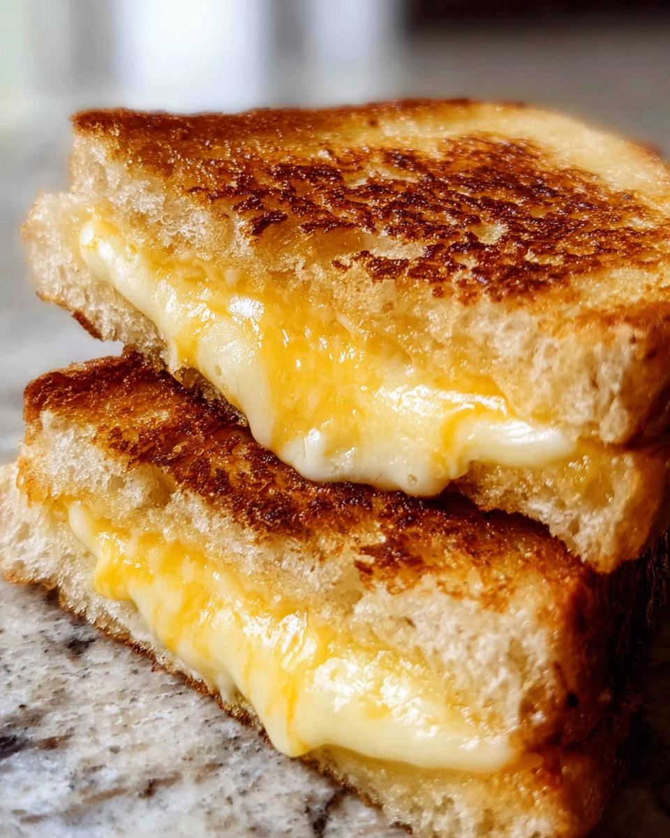 Close-up of two halves of a perfectly grilled cheese sandwich, showcasing the gooey, melted cheese oozing out.