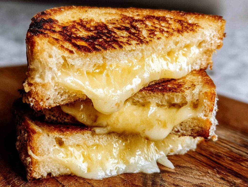 A close-up of a perfectly grilled cheese sandwich, stacked, with gooey melted cheese oozing out.
