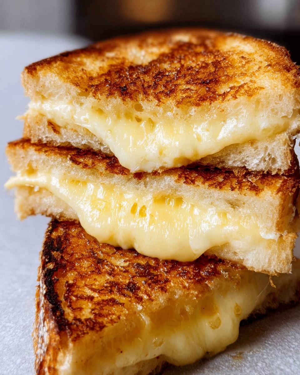 Close-up of a stack of perfectly grilled cheese sandwiches, with gooey melted cheese oozing out.