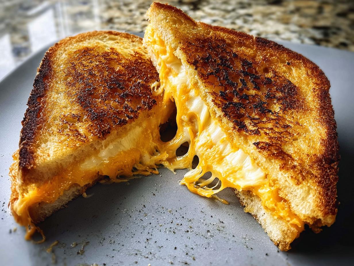 A close-up of a perfectly grilled cheese recipe, cut in half, with gooey melted cheese oozing out.