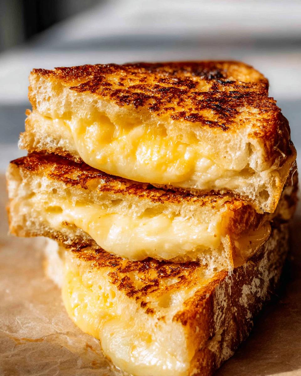 Close-up of a stack of three golden-brown grilled cheese sandwiches with melted cheese oozing out.