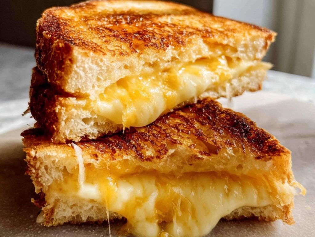 Close-up of a perfectly grilled cheese sandwich, oozing with melted cheese.