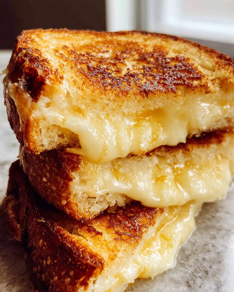 A close-up shot of a perfectly grilled cheese sandwich, oozing with melted cheese. The bread is golden brown and toasted.