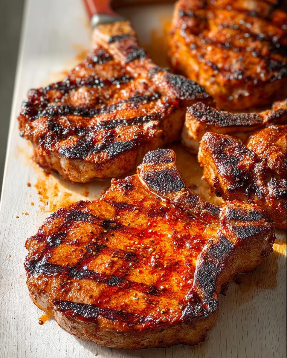 Close-up of delicious grilled pork chops with grill marks and a flavorful spice rub.