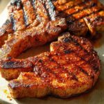 Close-up of three perfectly grilled pork chops with a spicy glaze, showcasing grill marks.