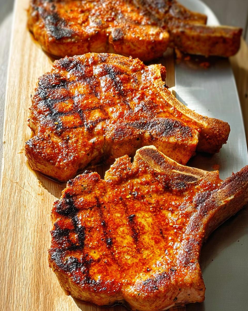 Close-up of three perfectly grilled pork chops with grill marks, seasoned and juicy.
