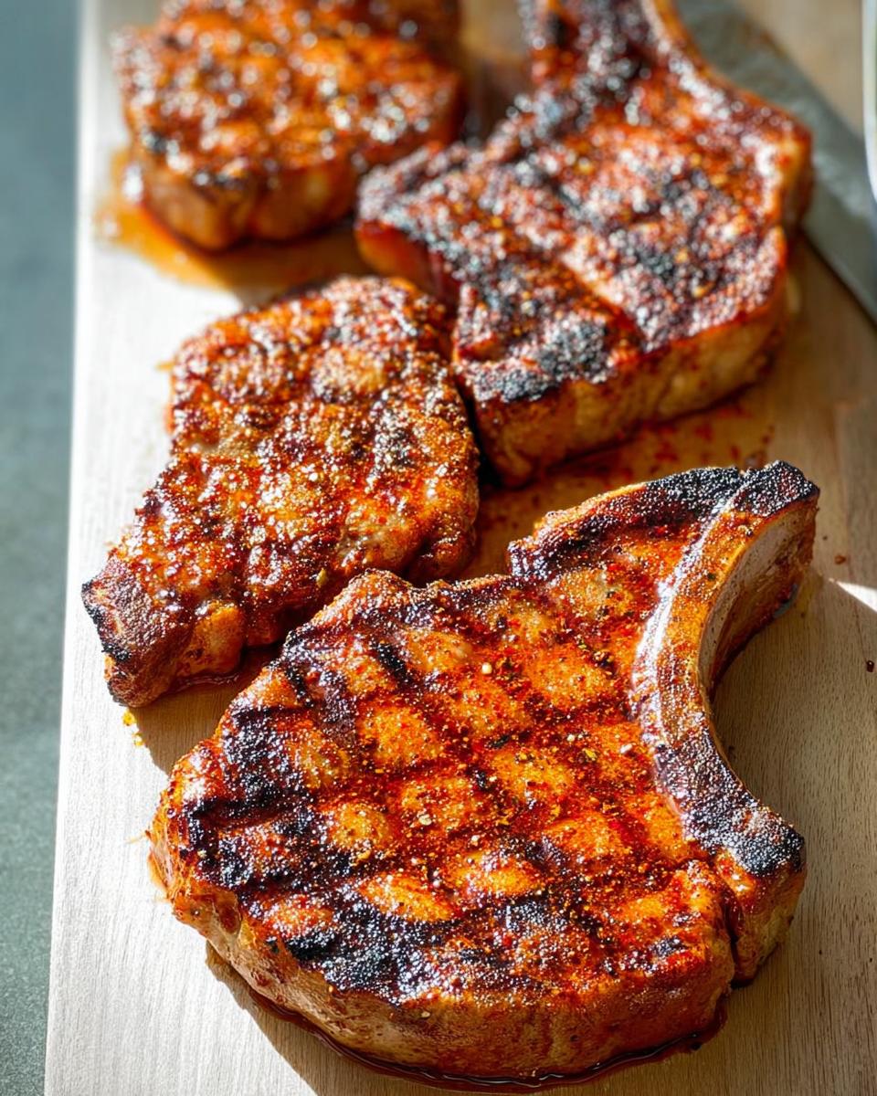 Four grilled pork chops with grill marks and a spice rub, served on a wooden board.
