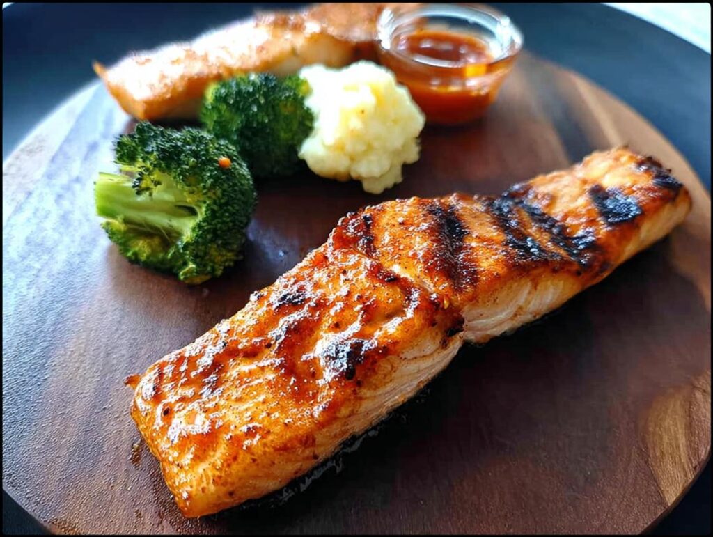 A perfectly grilled salmon fillet with char marks, served with broccoli and mashed potatoes, part of 12-Ingredient Salmon Recipes.
