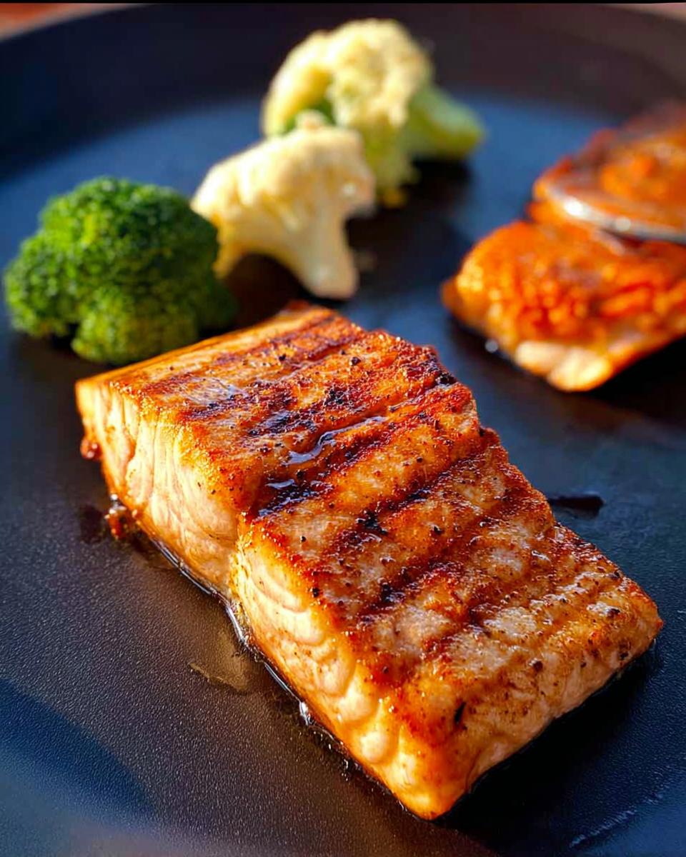 A perfectly grilled salmon fillet with grill marks, served with broccoli and cauliflower. Part of 12-Ingredient Salmon Recipes.
