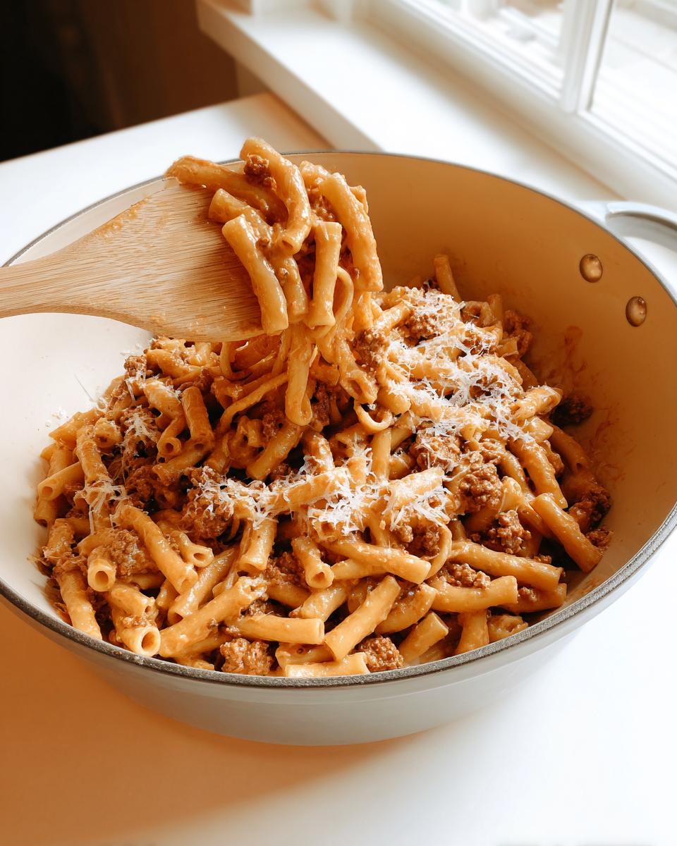 A close-up of a creamy ground beef pasta dish being served from a pot with a wooden spoon, topped with grated cheese.