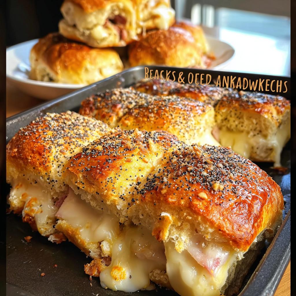 Close-up of baked ham and cheese sandwich ideas, with melted cheese oozing out.