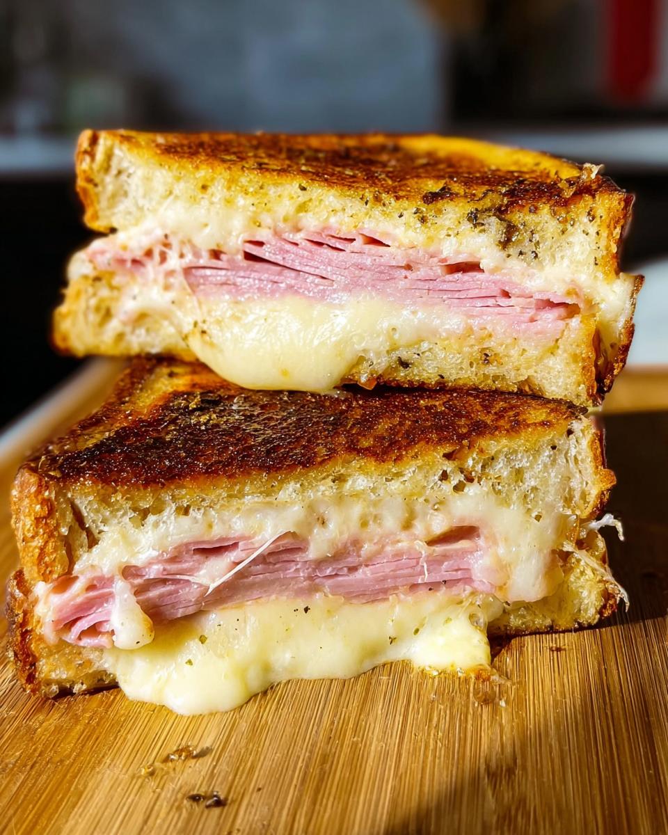 Close-up of a grilled ham and cheese sandwich with melted cheese oozing out, perfect for sandwich ideas recipes.