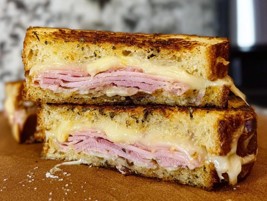 Close-up of a perfectly grilled ham and cheese sandwich, showcasing melted cheese and toasted bread.