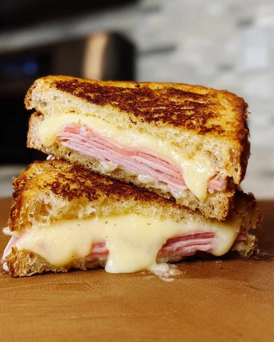 A delicious ham and cheese sandwich, grilled to perfection with melted cheese oozing out.