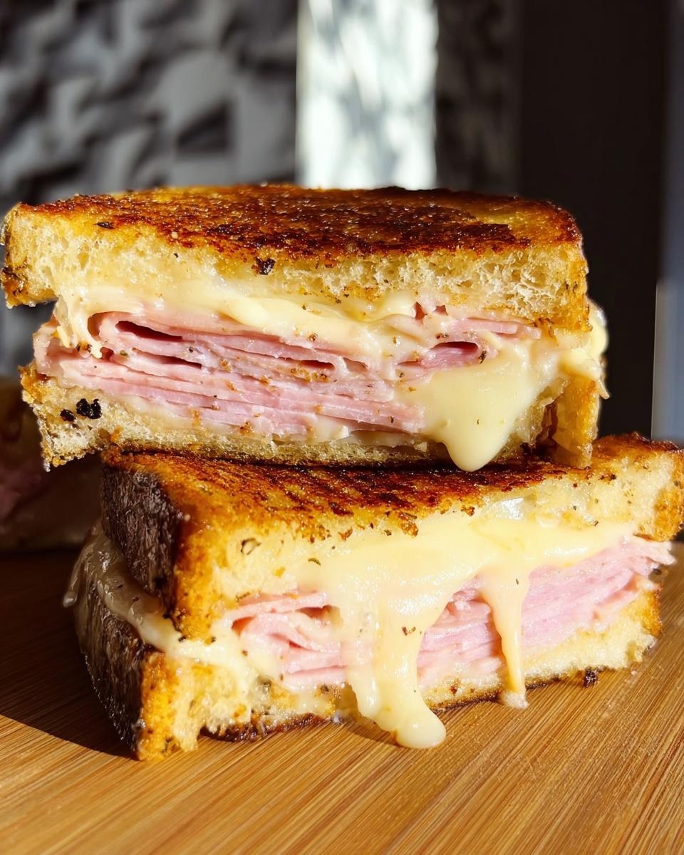 Close-up of a perfectly grilled ham and cheese sandwich, with melted cheese oozing out, a great sandwich idea recipe.