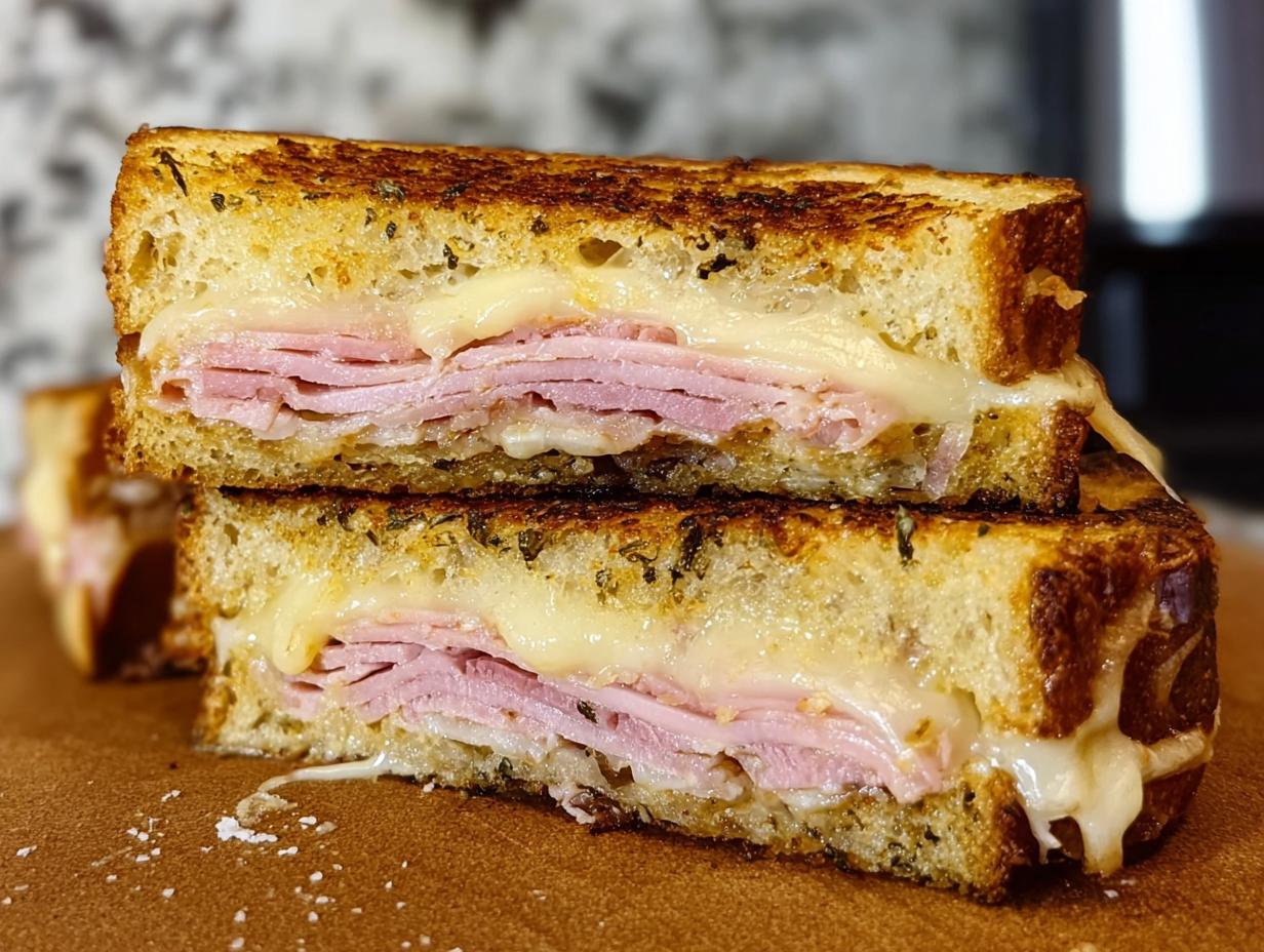 Close-up of a perfectly grilled ham and cheese sandwich, showcasing melted cheese and toasted bread.