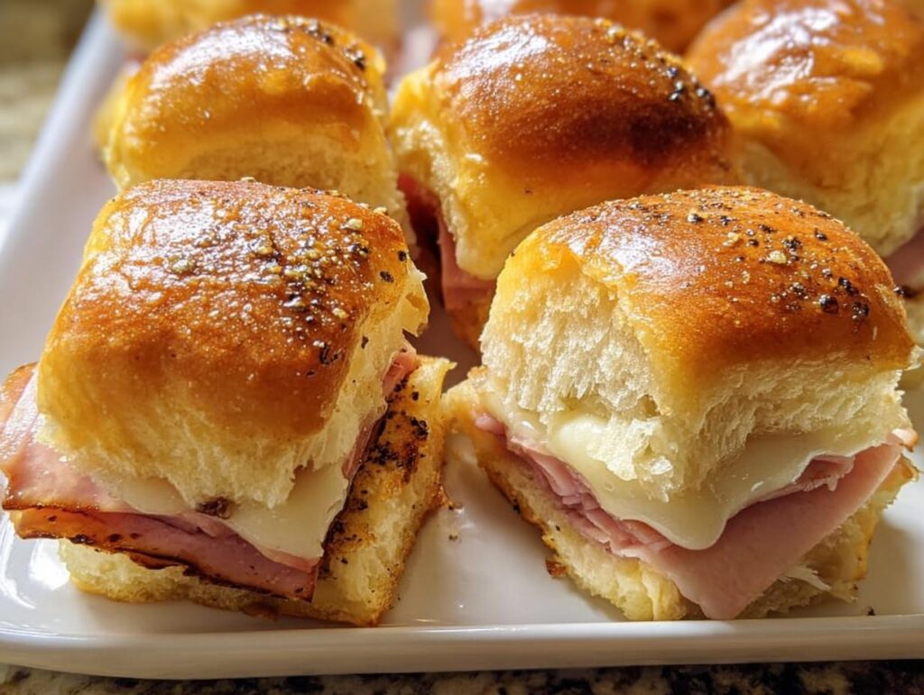 Close-up of delicious ham and cheese sliders, perfect for quick weeknight sandwich ideas.