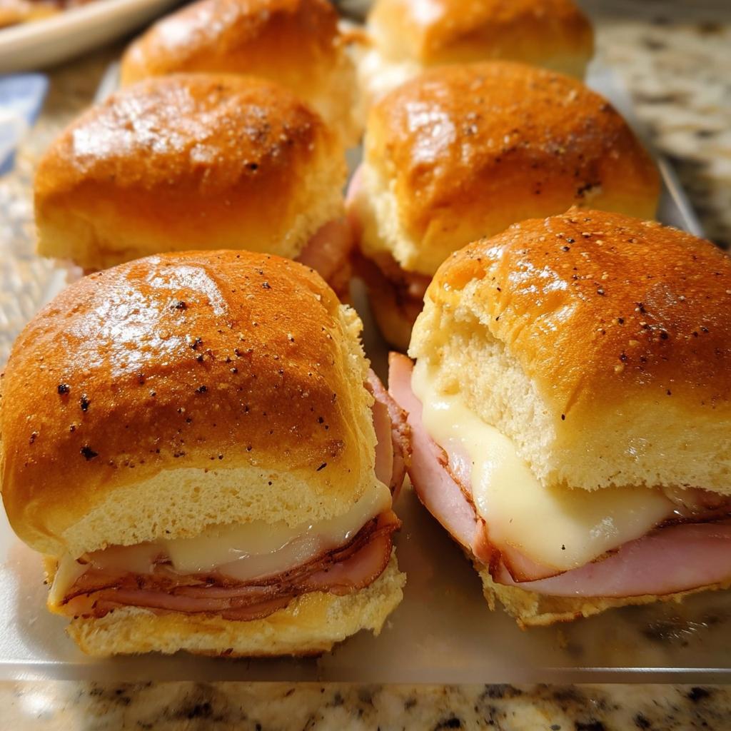 Close-up of several ham and cheese slider sandwiches, perfect for quick weeknight dinner ideas.