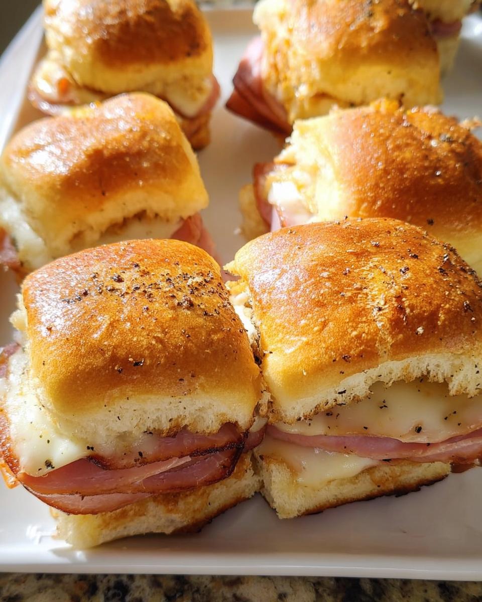 Close-up of ham and cheese sliders, a perfect quick sandwich idea for busy weeknights.