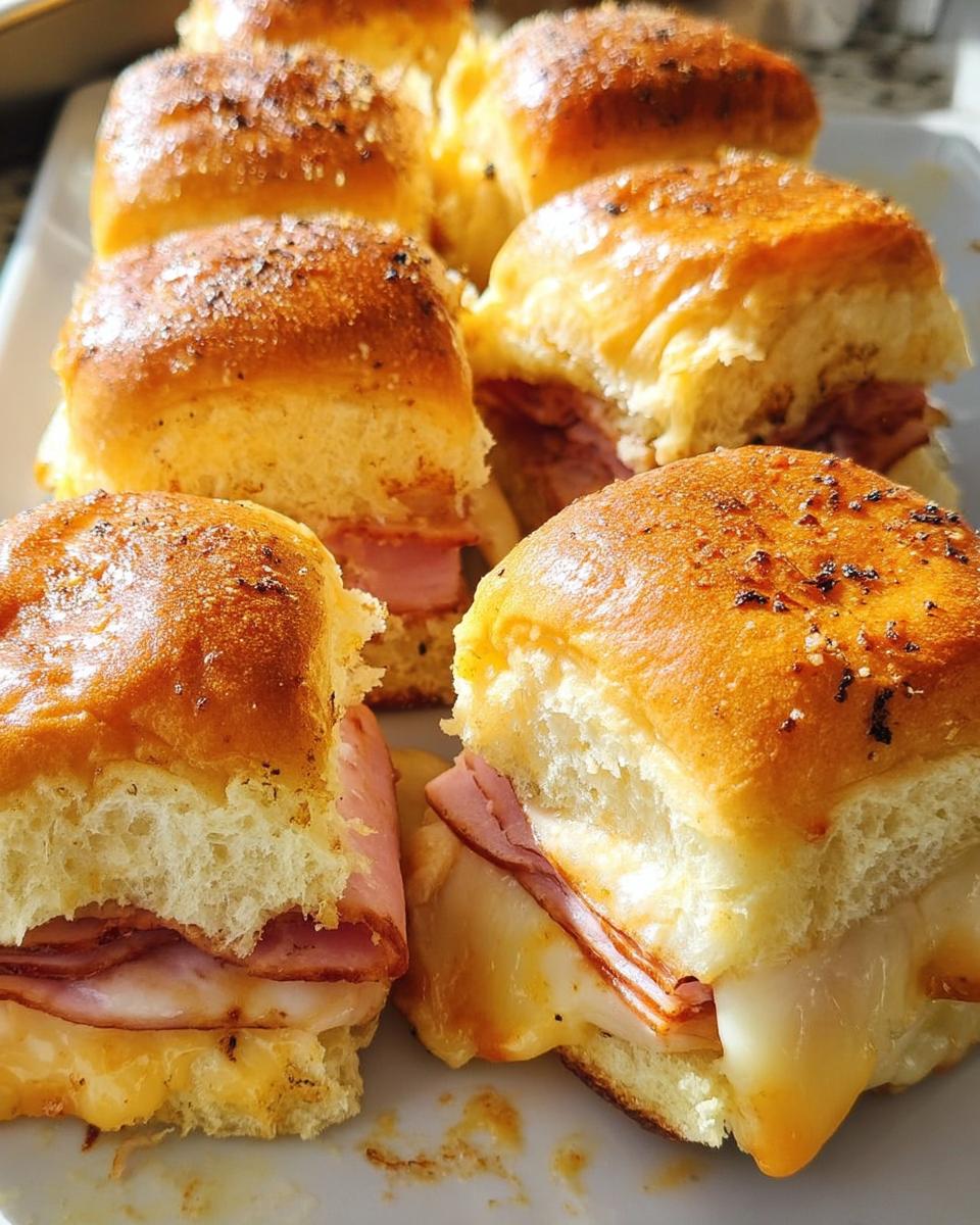 Close-up of delicious ham and cheese sliders, with melted cheese oozing out.