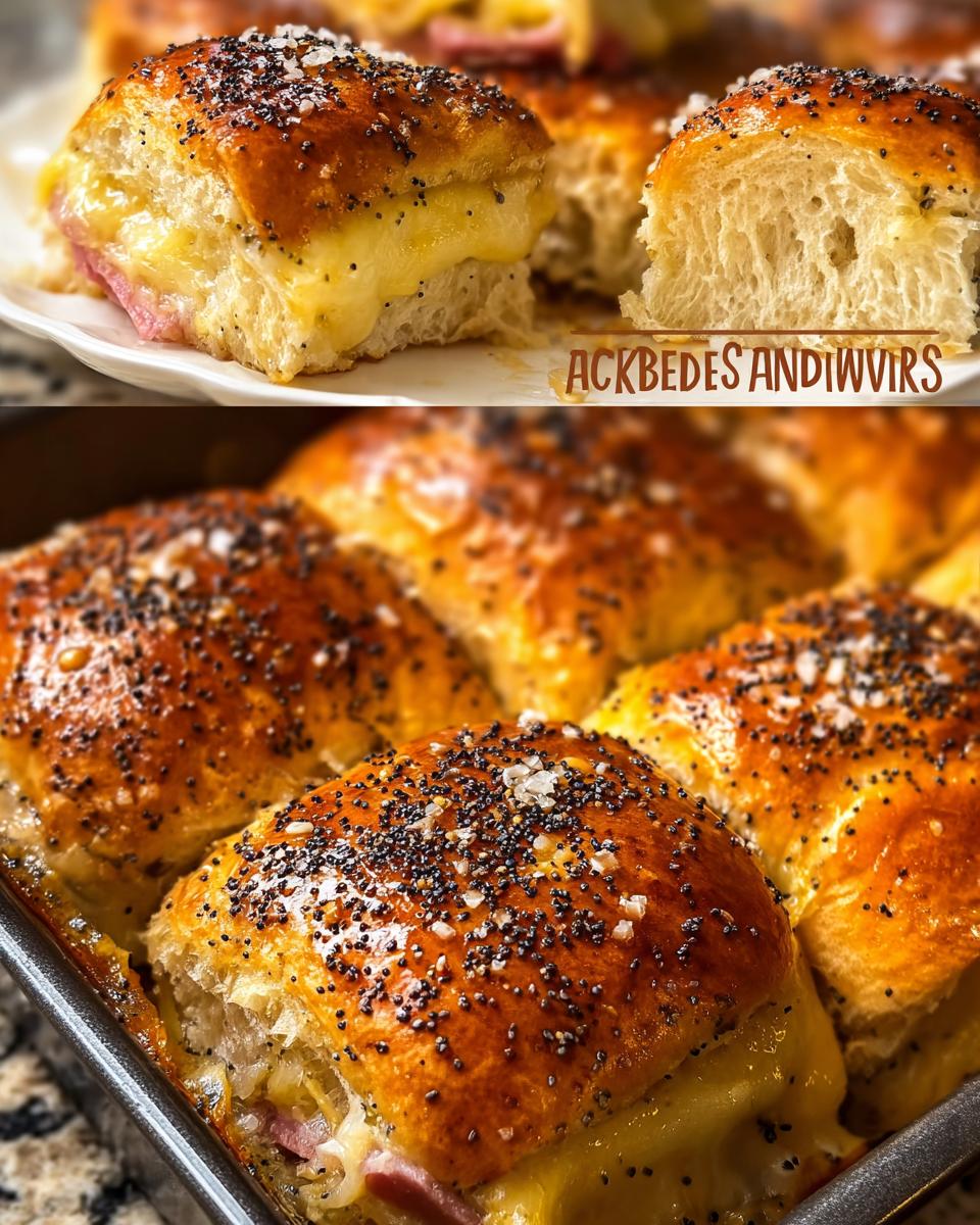 Close-up of golden-brown baked ham and cheese sliders with poppy seeds and sea salt, perfect for sandwich ideas.