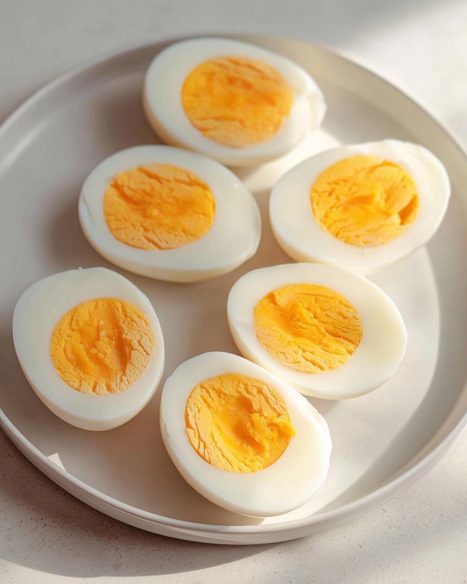 Six halves of hard-boiled eggs with bright yellow yolks, arranged on a white plate, perfect for healthy meals recipes and meal prep.