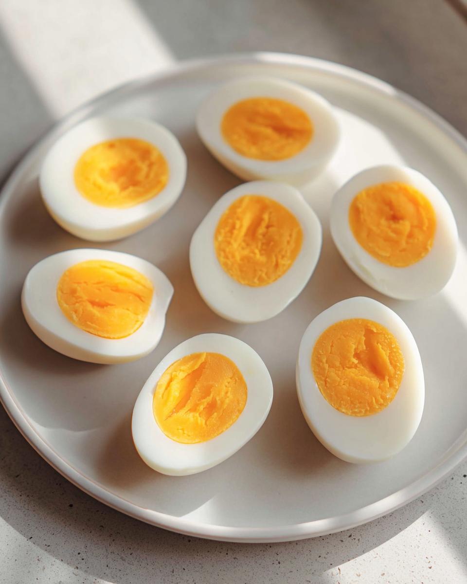 Seven halves of perfectly cooked hard-boiled eggs on a white plate, showcasing bright yellow yolks, ideal for healthy meals recipes.
