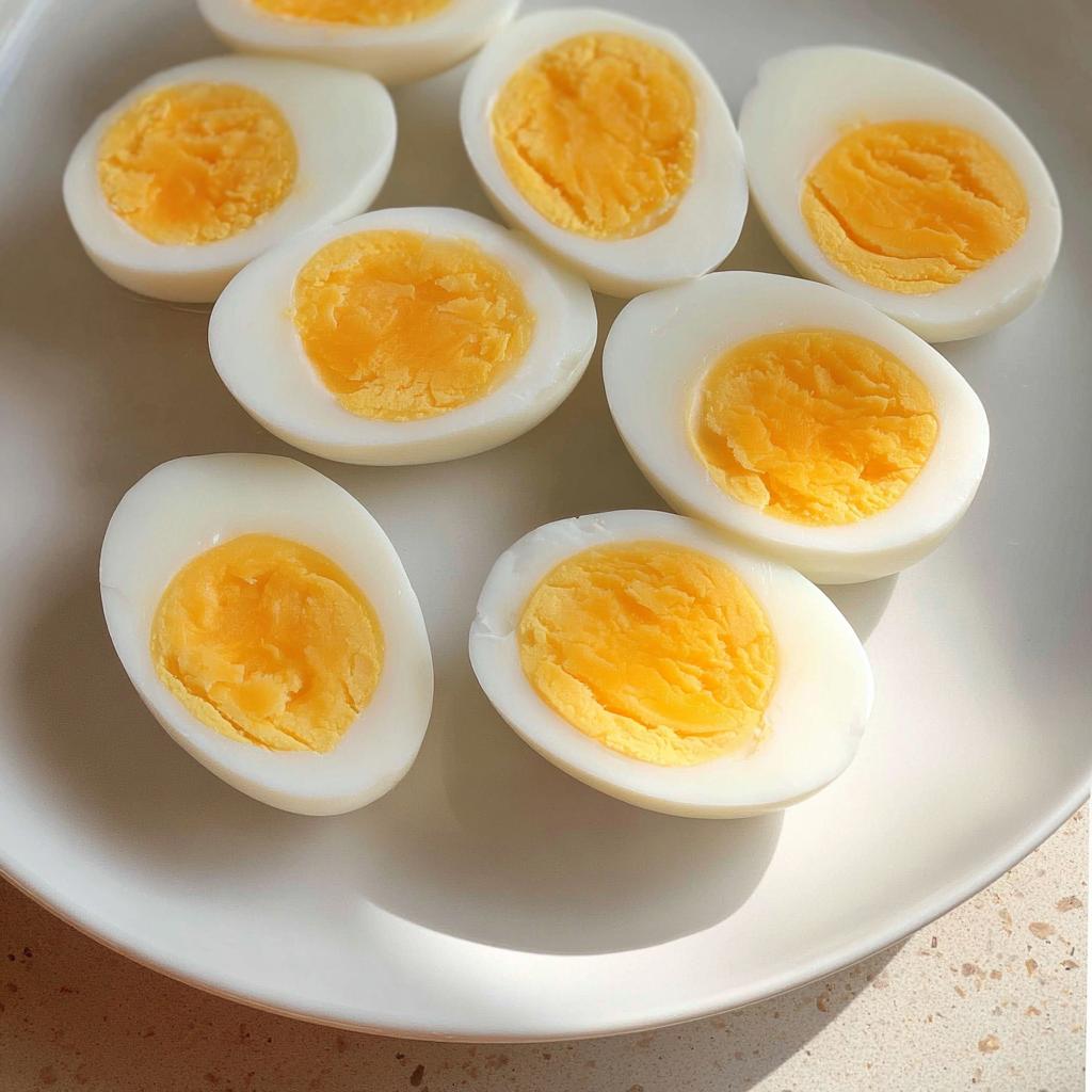 A plate of perfectly cooked hard-boiled eggs, sliced in half, showcasing their vibrant yellow yolks. Ideal for healthy meals recipes meal prep.