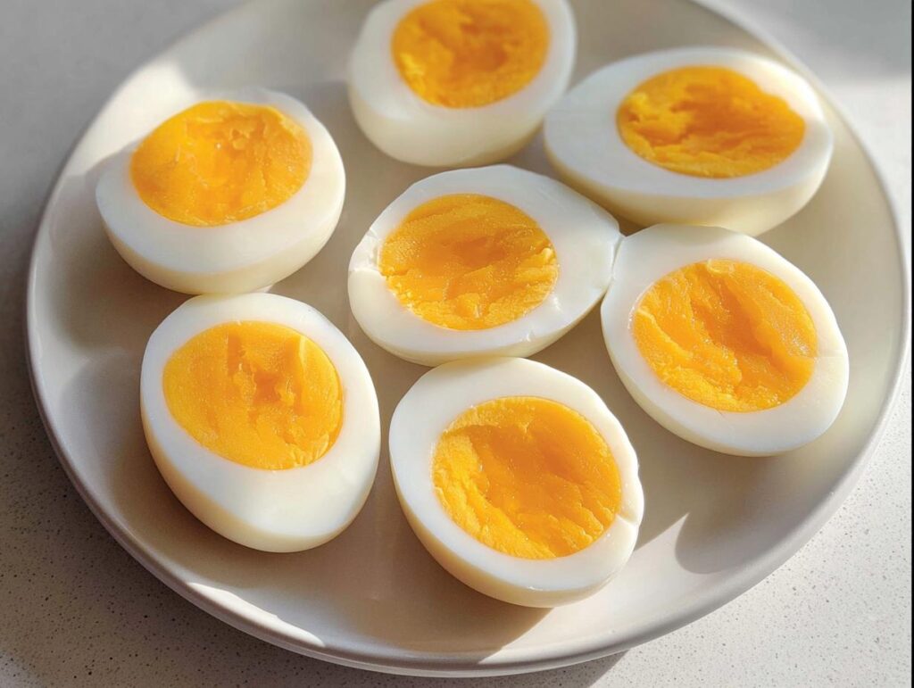 Six perfectly cooked hard-boiled eggs, halved, revealing bright yellow yolks, ready for healthy meals recipes meal prep.