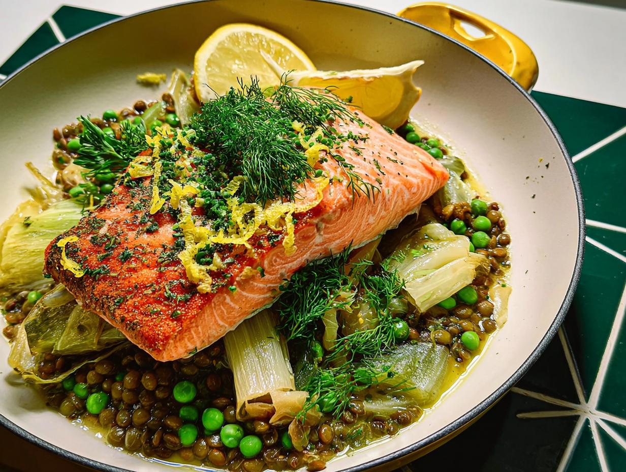 A close-up of a perfectly cooked salmon fillet served over a bed of lentils, peas, and fennel, garnished with dill and lemon zest.