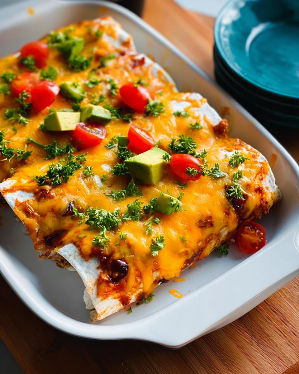 Close-up of baked enchiladas topped with melted cheese, fresh avocado, cherry tomatoes, and parsley, part of 25-Ingredient Healthy Meals Recipes.