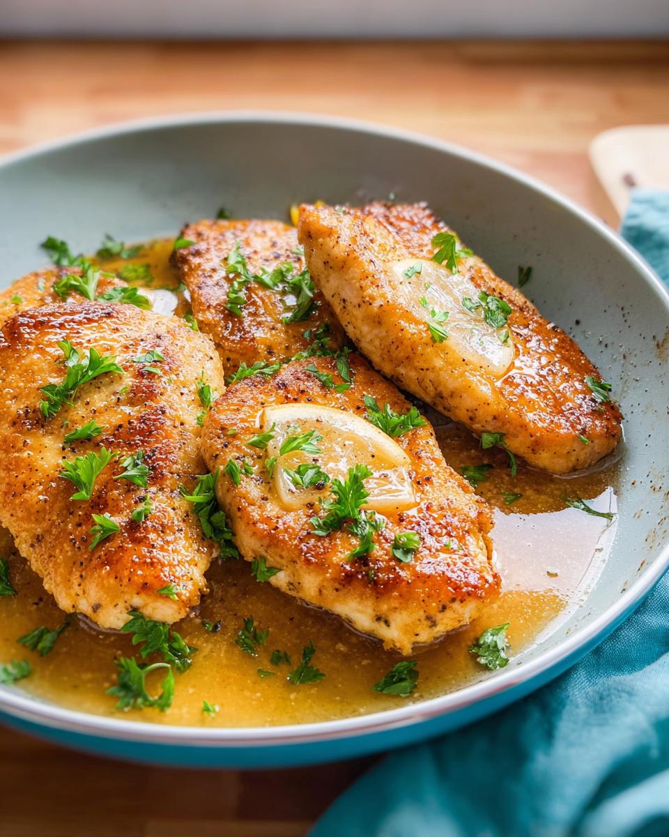 Close-up of pan-seared lemon chicken breasts garnished with parsley, part of a healthy meals recipe.