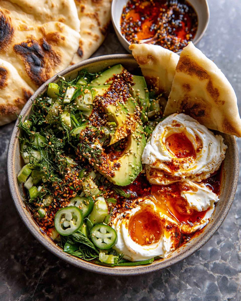 A healthy meal recipe bowl with avocado, poached eggs, cucumber, herbs, and chili oil, served with naan bread.