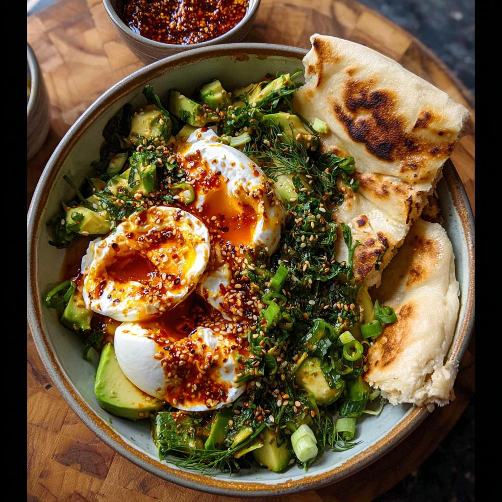 A vibrant bowl featuring avocado, poached eggs with runny yolks, herbs, and flatbread, showcasing a healthy meal recipe.